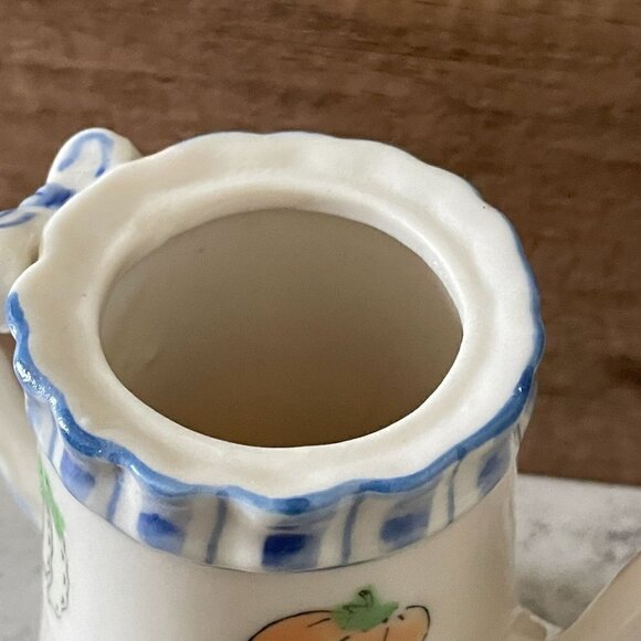 Studio Art Pottery Hand Painted Vegetable and Ribbon Motif Covered Pitcher 4.5" - Picture 7 of 9